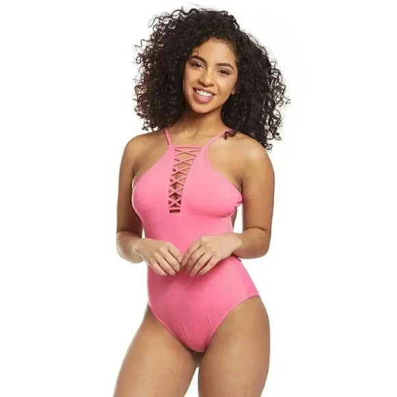NWT $60 Hobie Women's Solid Strappy Lace up Front One Piece Swimsuit Pink Medium - Picture 1 of 9